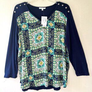Ava James Sz XL V Neck Floral Print Blue Pullover Stretch Blouse Top‎